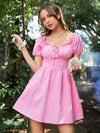 Puff Sleeve Tie Front Frilled Shirred Back Dress