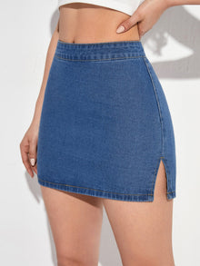  Slit Hem Zipper Back Denim Skirt
