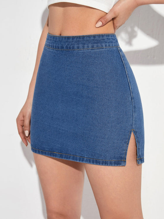 Slit Hem Zipper Back Denim Skirt