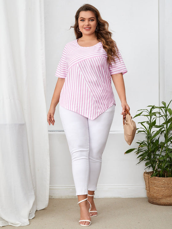 EMERY ROSE Plus Drop Shoulder Striped Pattern Asymmetrical Hem Top