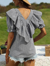 Gingham Ruffle Trim Flounce Sleeve Blouse