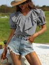 Gingham Ruffle Trim Flounce Sleeve Blouse