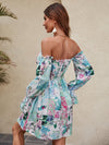 Floral Print Off Shoulder Flounce Sleeve Frill Trim Dress