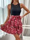 Floral Colorblock Layered Hem Belted Tank Dress