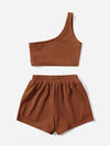 Solid One Shoulder Top Drawstring Shorts Set
