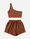 Solid One Shoulder Top Drawstring Shorts Set