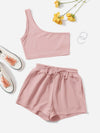 Solid One Shoulder Top Drawstring Shorts Set