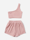 Solid One Shoulder Top Drawstring Shorts Set