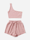 Solid One Shoulder Top Drawstring Shorts Set