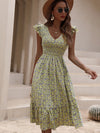 Ditsy Floral Print Shirred Ruffle Trim Dress