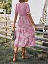 Vertical Striped Flounce Sleeve Tassel Tie Neck Ruffle Hem Dress