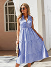 Striped Print Notched Neck A line Dress