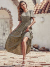 Ditsy Floral Print Shirred Waist Ruffle Hem Dress