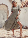 Ditsy Floral Print Shirred Waist Ruffle Hem Dress