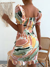 Sweetheart Peekaboo Front Graphic Pattern Layered Hem Drawstring Dress