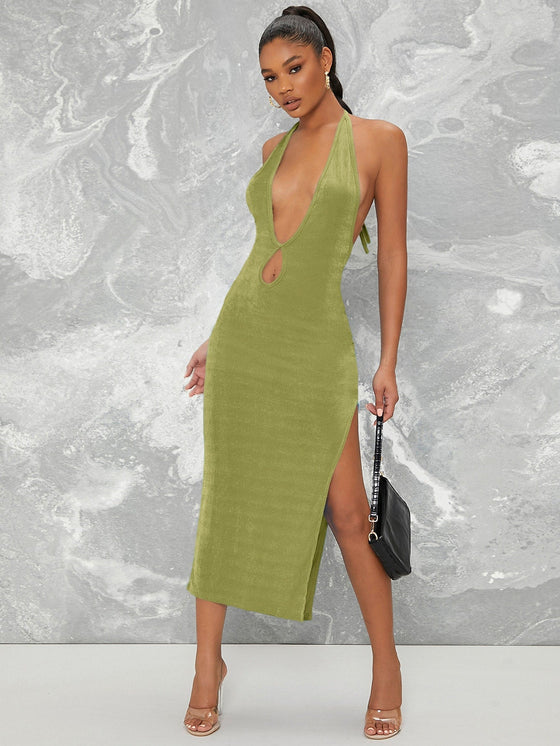 BAE Plunging Halter Cutout Slit Midi Bodycon Dress