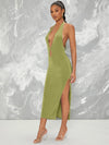BAE Plunging Halter Cutout Slit Midi Bodycon Dress