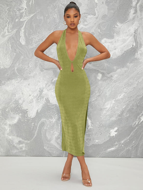 BAE Plunging Halter Cutout Slit Midi Bodycon Dress