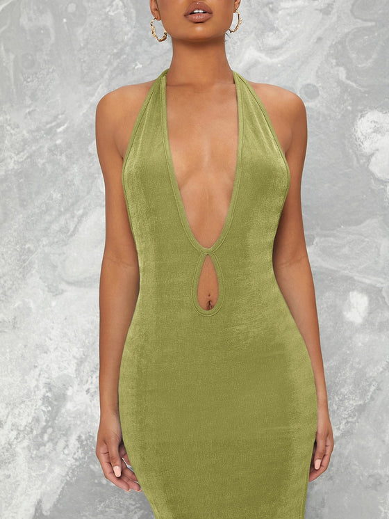 BAE Plunging Halter Cutout Slit Midi Bodycon Dress