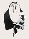 Cow Print O ring Ruched Tie Backless Crop Halter Top