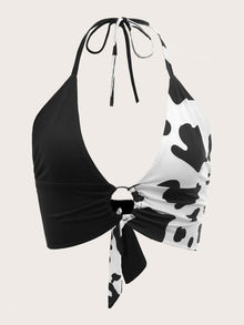  Cow Print O ring Ruched Tie Backless Crop Halter Top