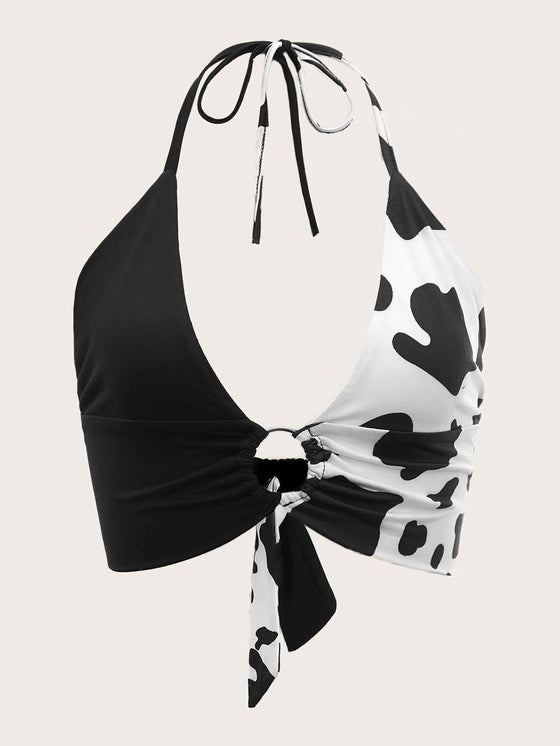 Cow Print O ring Ruched Tie Backless Crop Halter Top