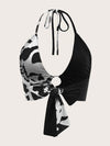 Cow Print O ring Ruched Tie Backless Crop Halter Top