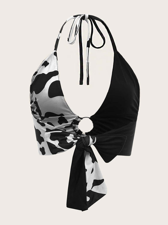 Cow Print O ring Ruched Tie Backless Crop Halter Top