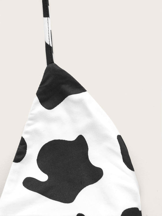Cow Print O ring Ruched Tie Backless Crop Halter Top