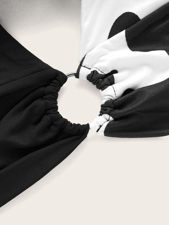 Cow Print O ring Ruched Tie Backless Crop Halter Top