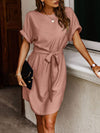 Keyhole Back Batwing Sleeve Belted Dress