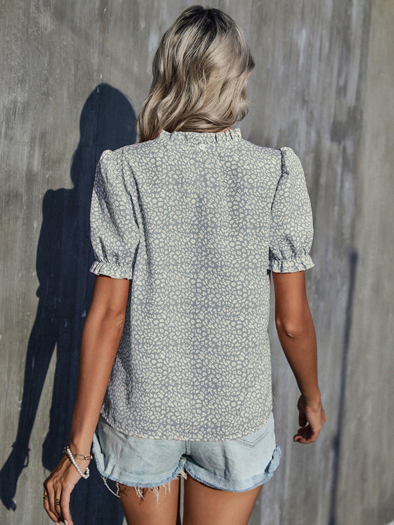Frill Trim Leopard Print Puff Sleeve Top