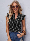 Notch Neck Ruffle Armhole Polka Dot Top