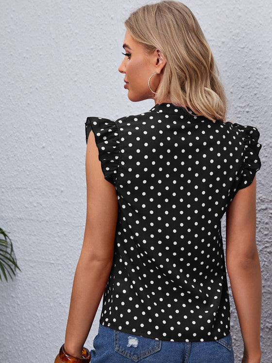 Notch Neck Ruffle Armhole Polka Dot Top