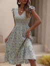 Ditsy Floral Print Shirred Ruffle Trim Dress
