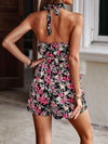 Floral Backless Belted Halter Romper
