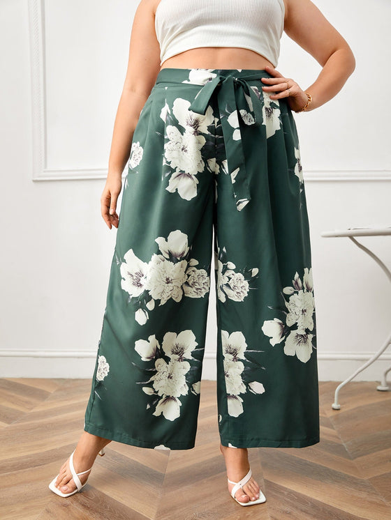 Plus Floral Print Belted Wide Leg Pants