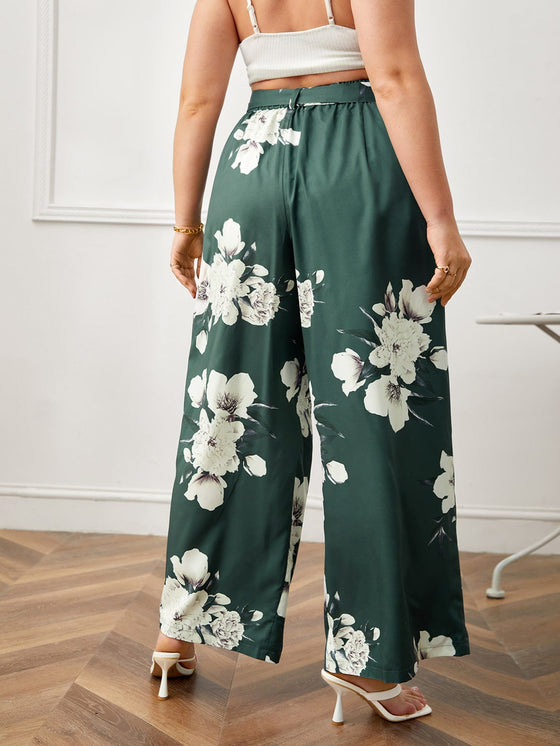 Plus Floral Print Belted Wide Leg Pants
