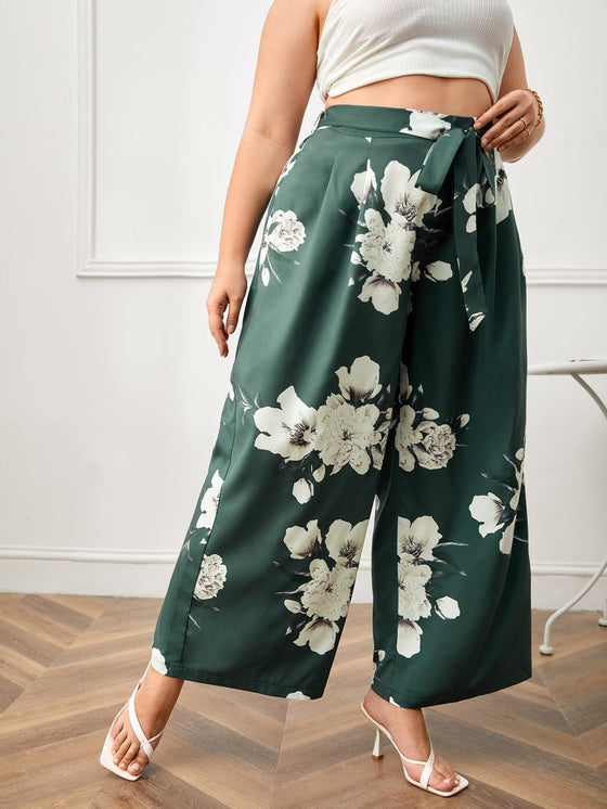 Plus Floral Print Belted Wide Leg Pants