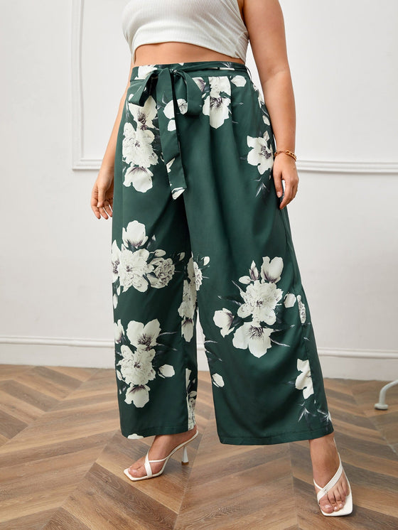 Plus Floral Print Belted Wide Leg Pants