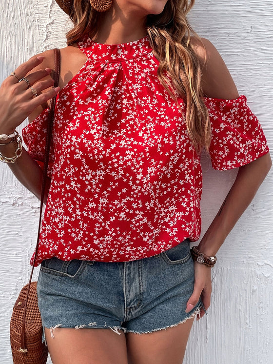 Ditsy Floral Print Cold Shoulder Blouse