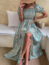 Puff Sleeve Shirred Allover Floral Print Split Thigh Dress