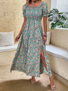 Puff Sleeve Shirred Allover Floral Print Split Thigh Dress