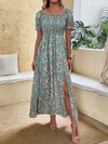 Puff Sleeve Shirred Allover Floral Print Split Thigh Dress