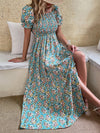 Puff Sleeve Shirred Allover Floral Print Split Thigh Dress