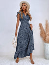Allover Print Ruffle Trim Shirred Waist Dress