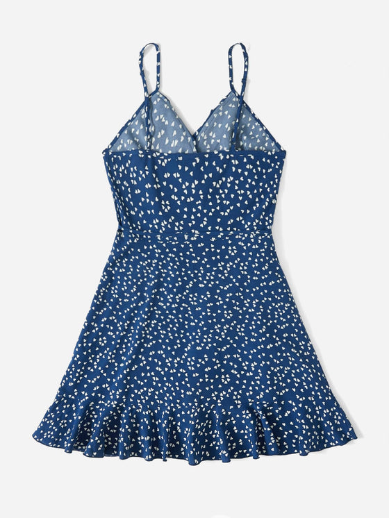 Allover Heart Print Ruffle Detail Wrap Cami Dress