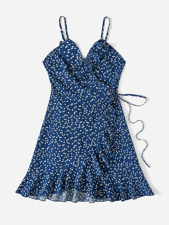 Allover Heart Print Ruffle Detail Wrap Cami Dress