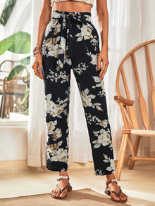  Floral Print Paperbag Waist Belted Pants