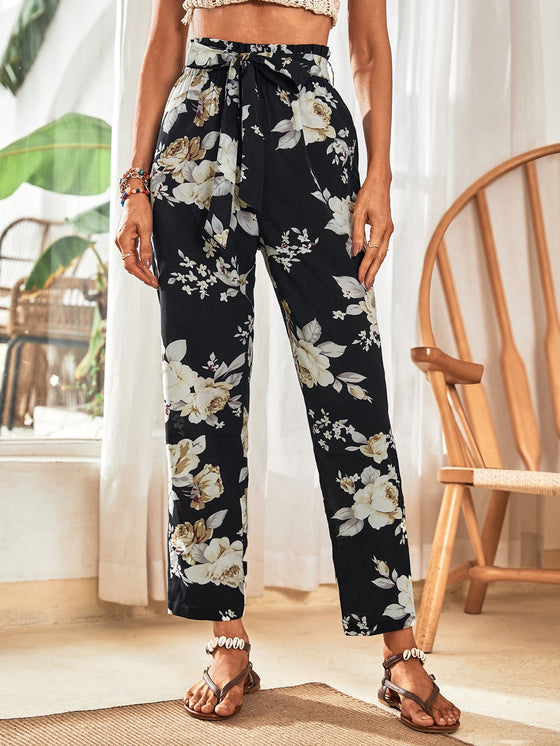 Floral Print Paperbag Waist Belted Pants